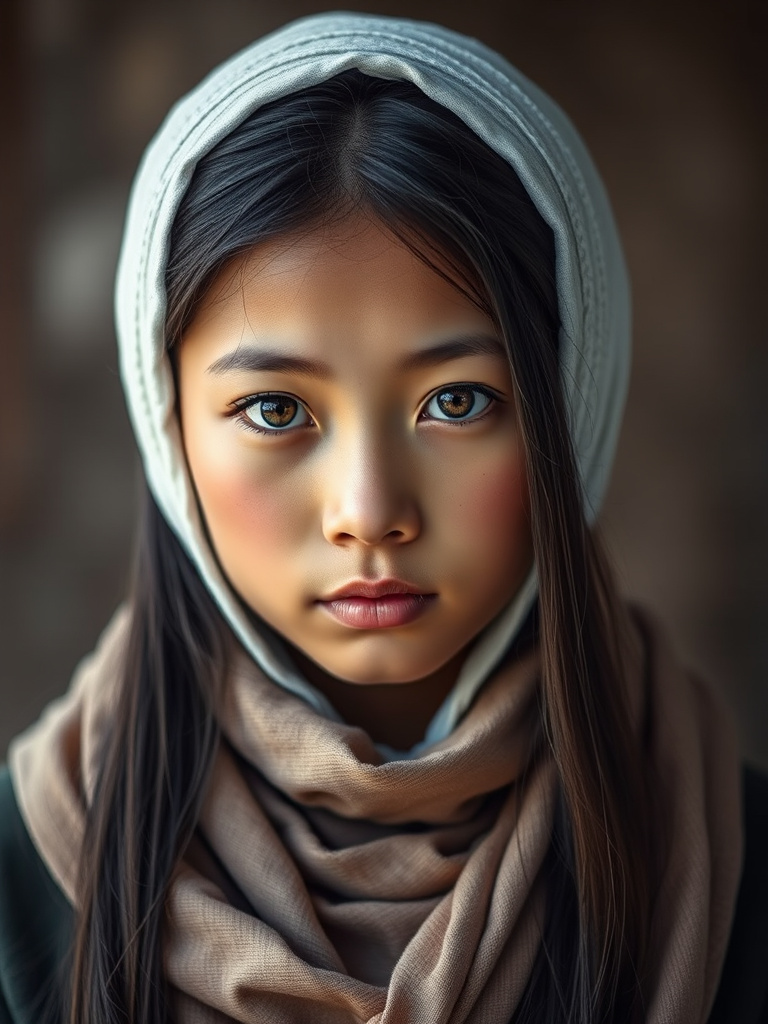 Create a portrait of a young Tibetan female with long, dark hair and captivating hazel eyes. She is wearing a white headscarf and a matching scarf draped gracefully around her neck. The background is softly blurred, focusing attention on her serene and natural expression. The overall color palette is muted and warm, enhancing the intimate and authentic feel of the portrait.