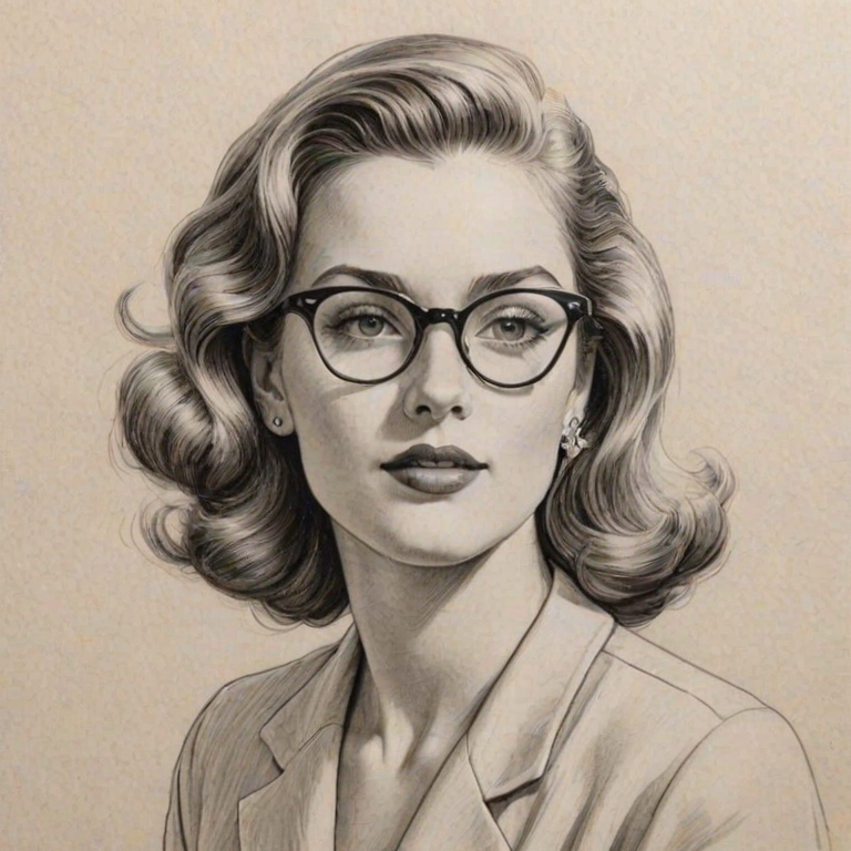 Lovely Kara Killmer, pencil sketch, portrait of Dazzling woman 1942s in glasses, hair style beatnik, outline, clear lines, fine lines, 8k