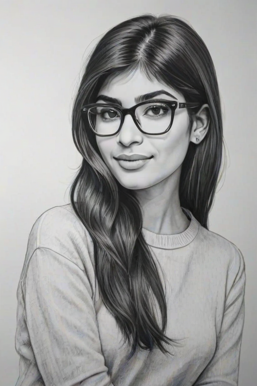 hot mia khalifa, pencil sketch, portrait of beautiful woman 60s in glasses, hair style beatnik, outline, clear lines, fine lines, 8k