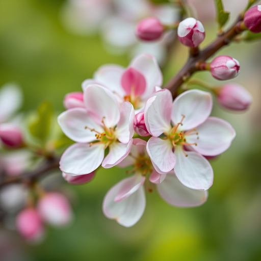 Close-up of pink and white apple blossoms in soft focus with a blurred green background, captured using a DSLR camera with a 50mm lens, aperture f/2.8, shutter speed 1/200s, ISO 100, natural lighting.