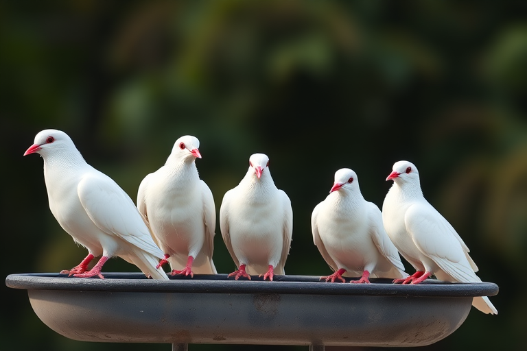 Capture a group of five white doves perched on a feeding platform with vibrant detail, using a DSLR camera, 50mm lens, aperture f/1.8, ISO 200, shutter speed 1/500s, shallow depth of field, natural lighting, focused on the birds with a blurred background.