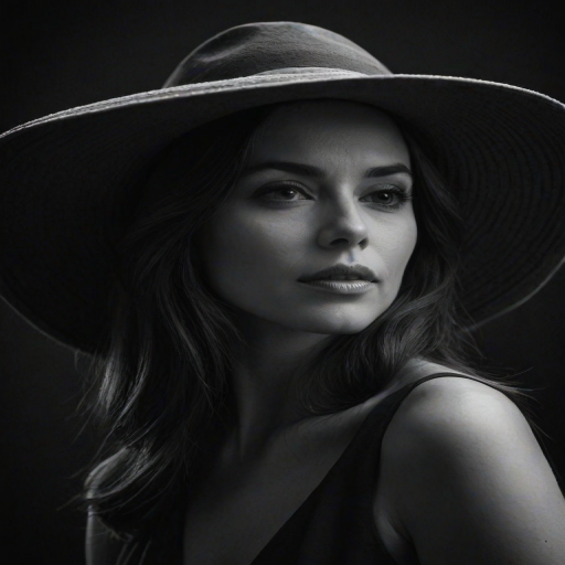 Create a black and white portrait of a woman wearing a large hat with a wide brim, set against a dark background, capturing a thoughtful expression and elegant features.