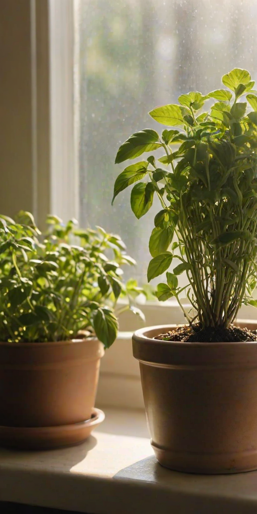 Warmly lit close-up of a pot of herbs growing on a windowsill, soft sunlight filtering through the leaves, with the faint outline of a cozy kitchen in the background and a sense of quiet calm.