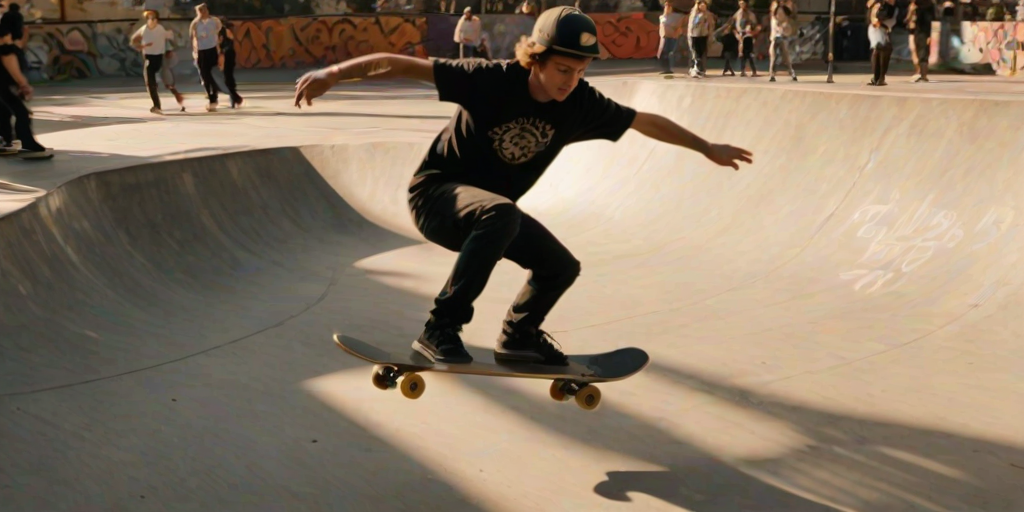 Blurry action shot of a skateboarder performing a trick at a skate park, mid-air with intense focus on their face, sunlight casting long shadows on the pavement, other skaters watching from the sidelines, graffiti-covered walls in the background.