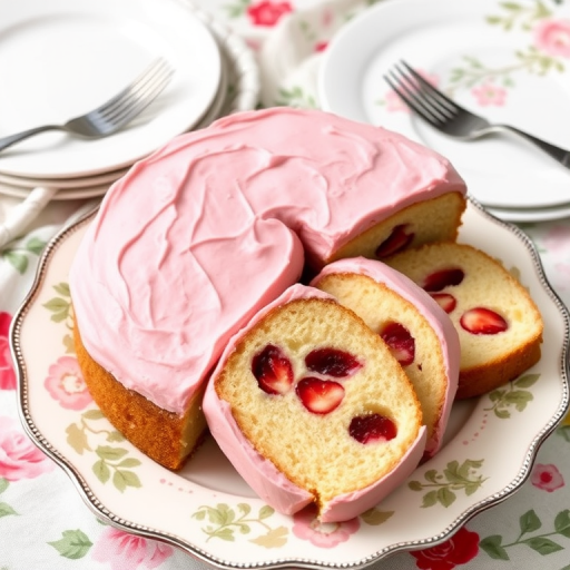A beautifully arranged plate of freshly sliced cake with pink frosting and a layer of fruit filling visible in the slices, served on a decorative platter with a floral cloth in the background, accompanied by elegant white plates and forks.