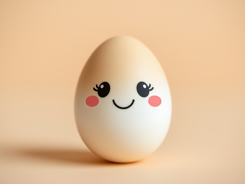 create a cute cartoon egg with a smiling face on a neutral beige background, soft lighting, shallow depth of field, 50mm lens, f/1.8, ISO 200, taken with a DSLR camera