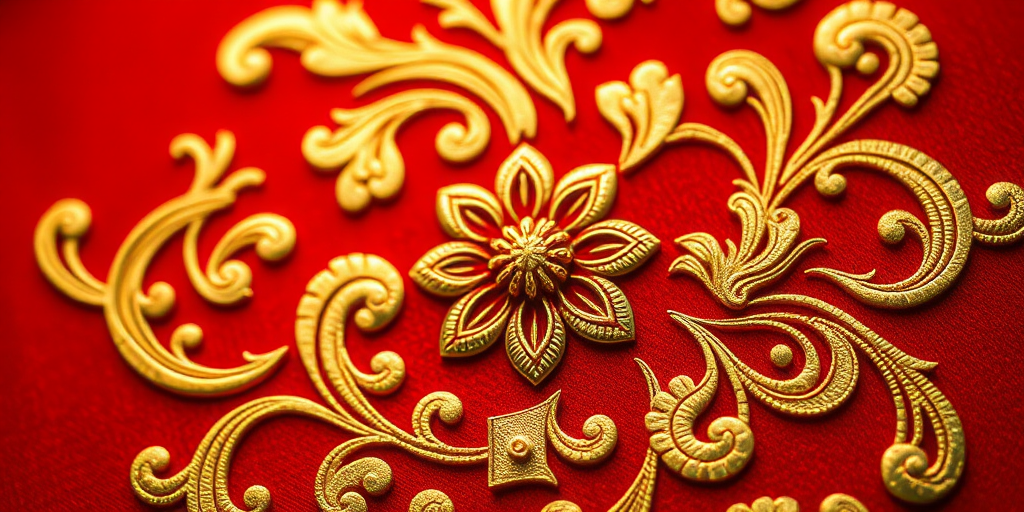 Create a detailed and ornate floral design with intricate golden swirls and patterns on a deep red background, captured with a DSLR camera at f/2.8 aperture, 50mm lens, ISO 100, using a macro photography style for enhanced texture and depth.