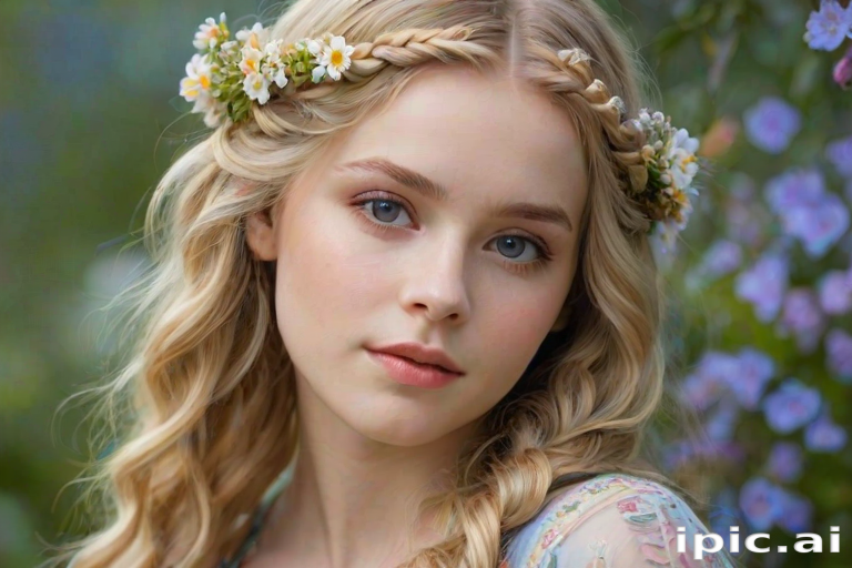 Create an image of a young woman with long, wavy blonde hair, adorned with small, colorful flowers woven into her braids and loose strands. Her complexion is fair, with soft, glowing skin, and she has light blue eyes that gaze softly at the viewer. She wears a light, flowing dress with a gentle, ethereal quality, complementing her delicate and serene appearance. The background is slightly blurred, drawing focus to her tranquil expression and the intricate details of the flowers in her hair. The overall mood of the image is one of natural beauty and grace, evoking a sense of peacefulness and connection with nature.