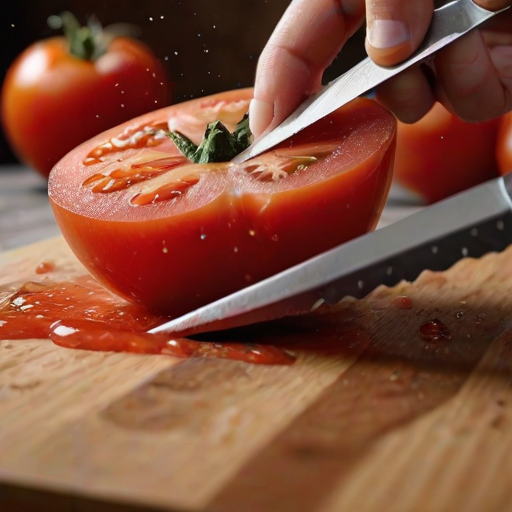High-resolution close-up of a chef's knife slicing through a ripe tomato, droplets of juice caught mid-air, with the vibrant red of the tomato contrasting against a wooden cutting board.