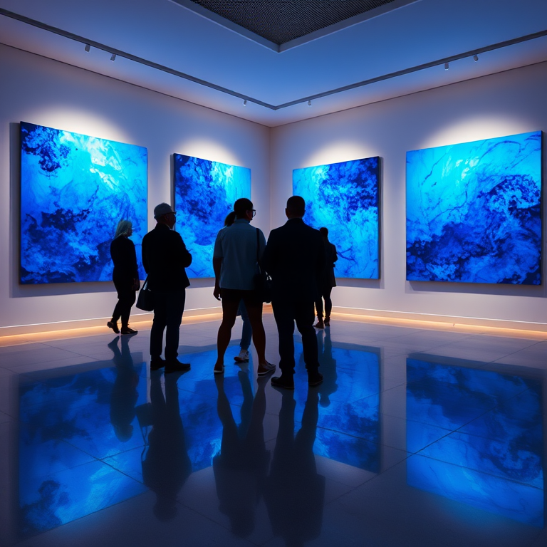 Create an image of a modern art gallery with four large abstract blue paintings illuminated by neon lights, featuring several silhouetted figures admiring the artwork, captured with a Canon EOS R5, 24mm lens, f/2.8 aperture, ISO 400, in a low light environment to emphasize the artworks' glow and reflections on the polished floor.