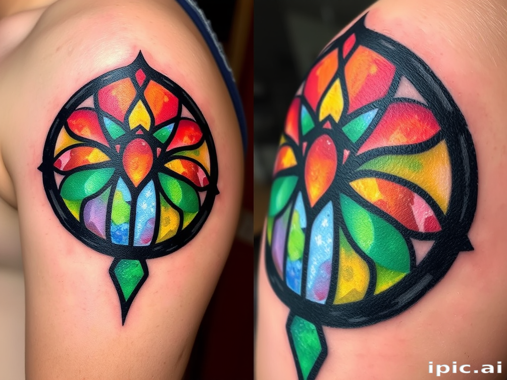 Stained glass tattoo named "Radiant Sanctuary" featuring vibrant colors separated by bold black lines, mimicking the appearance of a stained glass window with a play of light and shadow on the skin