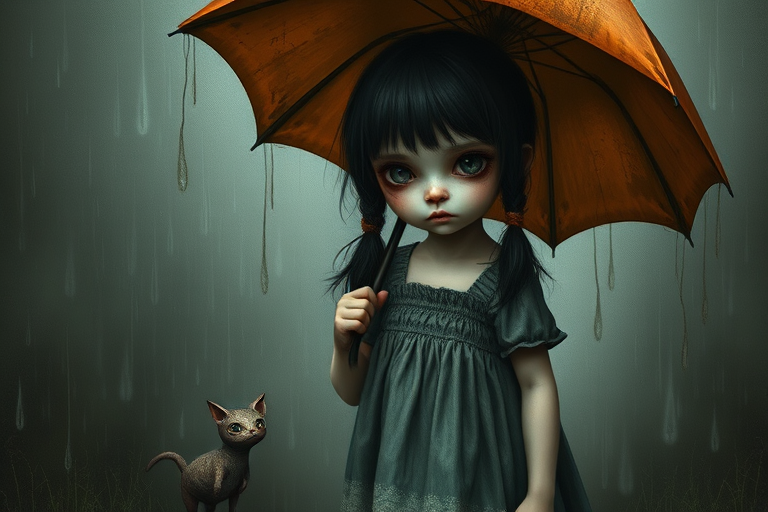 An eerie, weird little girl with dark hair in thin pigtails, wearing a smock dress, standing in the rain, holding a dirty orange umbrella, a small, odd creature beside her. In a surreal style inspired by Nicoletta Ceccoli and Brian Froud. Dark fantasy themes