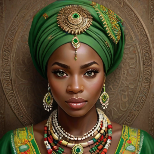 Create a portrait of a beautiful Igbo woman with striking green eyes and a gentle expression. She is adorned in traditional attire with intricate patterns, including a richly embroidered headscarf and matching garments. Her jewelry includes a delicate headpiece, dangling earrings, and ornate bracelets, all featuring vibrant gemstones and detailed metalwork. The background is soft and warm, enhancing the rich colors of her outfit and jewelry.