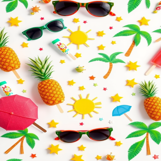 Create a vibrant tropical pattern featuring sunglasses, ice pops, pineapples, palm trees, sun, stars, and beach umbrellas on a white background, captured with a digital camera at f/8 aperture, 100 ISO, 50mm lens, top-down view, bright lighting for enhanced colors.