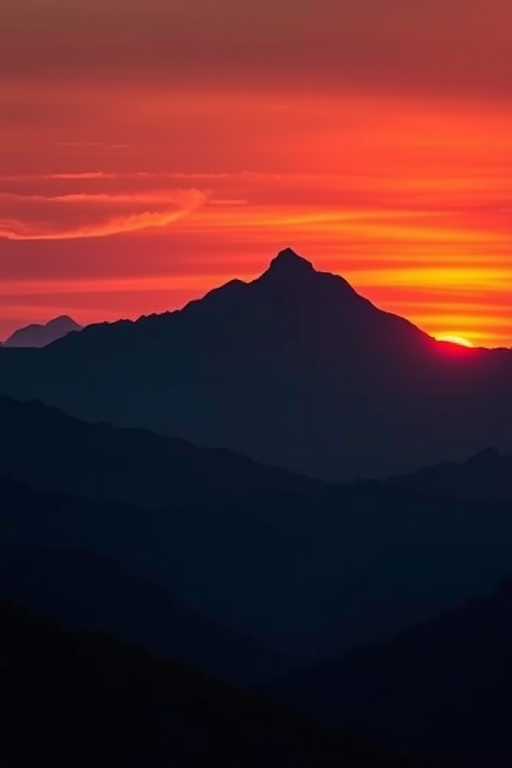 Generate a high-resolution image of a silhouette of a mountain range during sunset, using a Canon EOS 5D Mark IV, 50mm lens, f/8 aperture, 1/125 sec shutter speed, ISO 200, landscape view, dramatic lighting, vibrant colors.