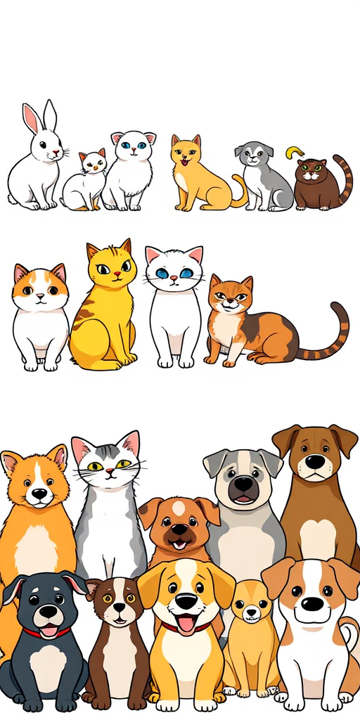 Create a colorful cartoon-style illustration of various animals arranged in three rows: top row with rabbits and ducks, middle row with playful cats, and bottom row with different breeds of dogs, use a DSLR camera with a 50mm lens, f/8 aperture, 1/200s shutter speed, and a vibrant color palette for enhanced quality.