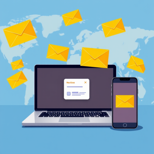 Create a digital illustration of a laptop and smartphone displaying email notifications, with yellow envelopes flying towards a map of the world in the background, using a Canon EOS R5 camera, 35mm lens, aperture f/8, ISO 100, and a vibrant color palette.