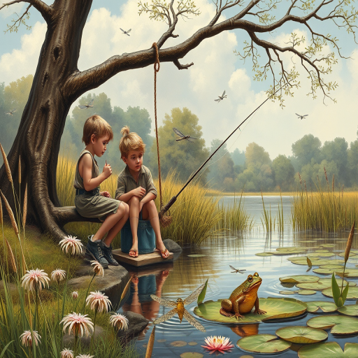 Imagine a small group of old fashioned young boys out fishing by the creek, a swing hanging from a tree branch, reeds and grasses by the water's edge, a frog sitting on a lily pad, dragonflies hovering over som water plans, a very iconic old fashioned scene reminiscent of a Norman Rockwell painting style
