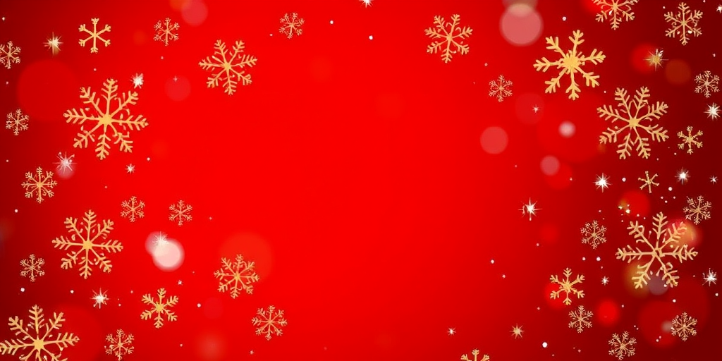 Create a festive background featuring a rich red color with various golden and white snowflakes scattered throughout. Include sparkling stars and subtle bokeh effects to enhance the holiday atmosphere. Ensure the center of the image is clear for text or additional elements.