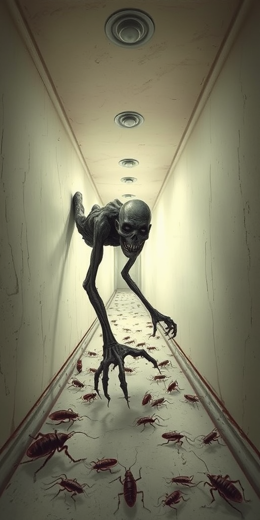 a crooked male with long arms and a creepy smile is crawling along a long white corridor and you can also see cockroaches in it there is a creepy atmosphere creepy art style