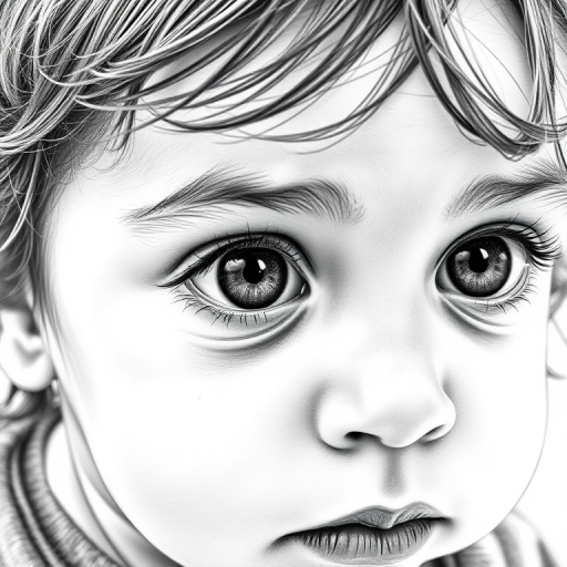 A hyperdetailed photorealistic black and white sketch of a beautiful toddler with deep brown eyes, with a macro focus