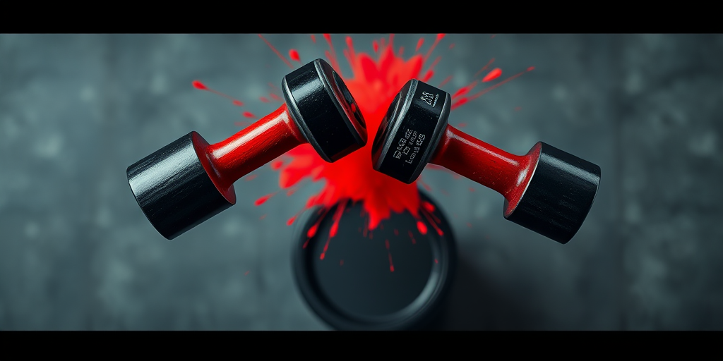 Create a high-resolution image of two gavel hammers striking a black cylindrical object with a dynamic explosion effect in red, using a DSLR camera with a 50mm lens, aperture set to f/2.8, ISO 100, and a shutter speed of 1/200s, with a top-down angle and a high-contrast style.