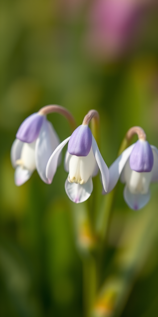 Capture a close-up image of three delicate white flowers with soft lavender tips, using a DSLR camera at f/2.8 aperture, 100mm lens, ISO 100, and a natural light setting to enhance the color vibrancy and detail.