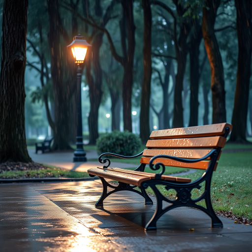 a tranquil park scene with a rain-soaked wooden bench illuminated by a vintage streetlamp surrounded by tall trees, soft focus, shot with a Canon EOS R5, 50mm lens at f/1.8, ISO 400, long exposure for a dreamy effect