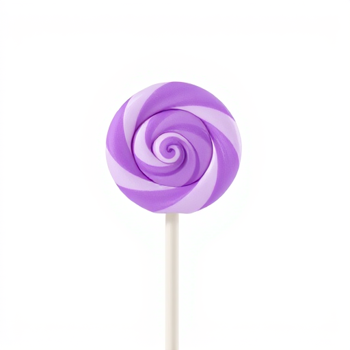 Create a high-resolution illustration of a purple lollipop on a white background, using a Canon EOS R5 with an f/2.8 aperture, ISO 100, and a 50mm lens, captured from a slightly elevated front view to enhance depth and detail.