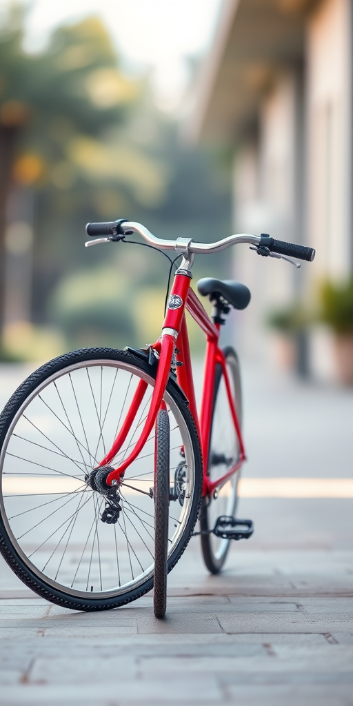 Create a high-resolution digital illustration of a red bicycle with a focus on clean lines and vibrant colors, using a 50mm lens at f/8 aperture, with a shallow depth of field to highlight the bicycle and a soft blurred background, capturing the image in natural daylight for enhanced clarity.