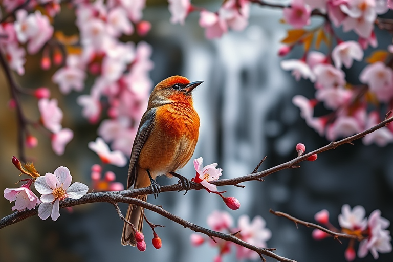 capture a vibrant bird perched on a branch surrounded by cherry blossoms with a soft waterfall in the background, using a DSLR camera, 85mm lens, aperture f/1.8, ISO 200, shutter speed 1/500s, in natural light for enhanced color and clarity
