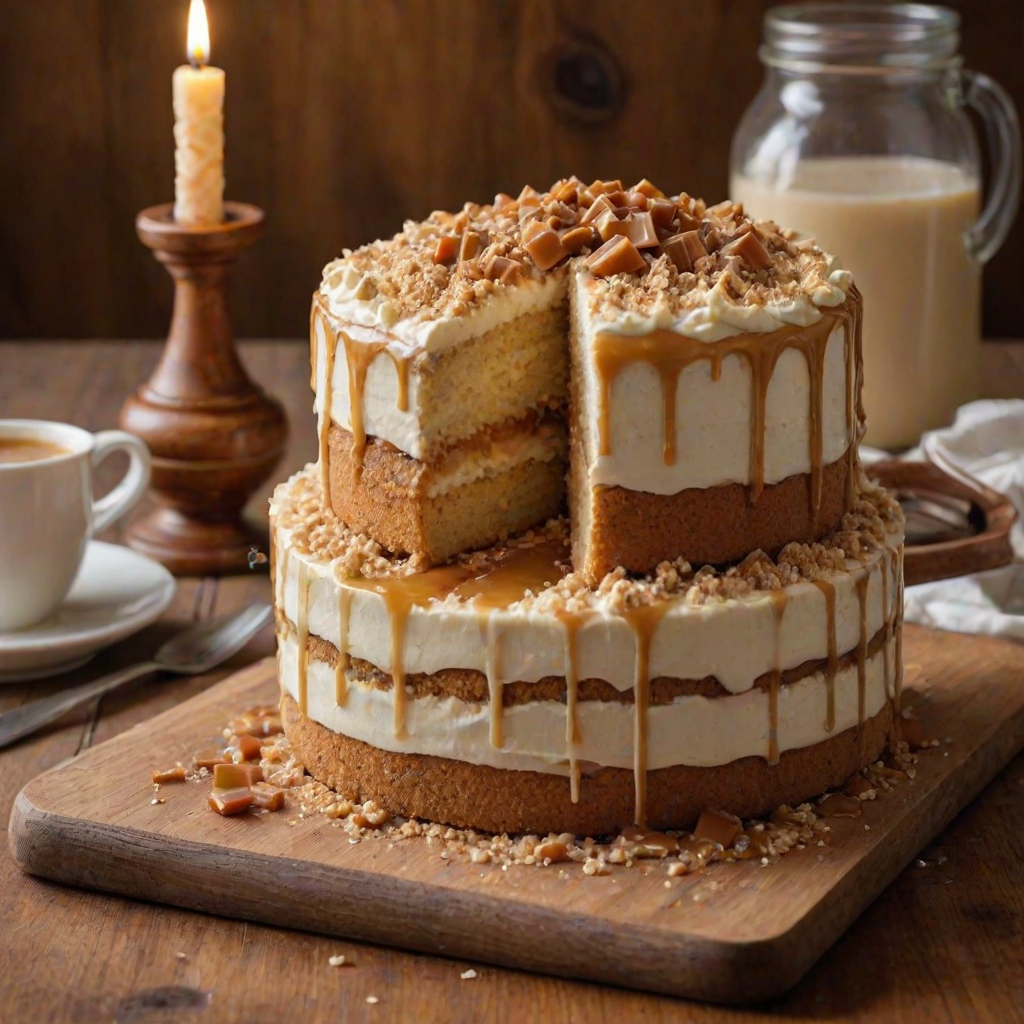 Generate an image of a layered vanilla cake with cream frosting and a crumb topping. The cake should be partially sliced, revealing the layers inside. Include a rustic wooden board as the base and a jar of caramel sauce in the background. The setting should be warm and inviting, with soft lighting.