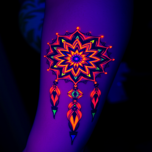 Psychedelic blacklight tattoo showcasing a kaleidoscopic dreamcatcher with fluorescent ink accents, visible only under UV light for a mind-bending secret design