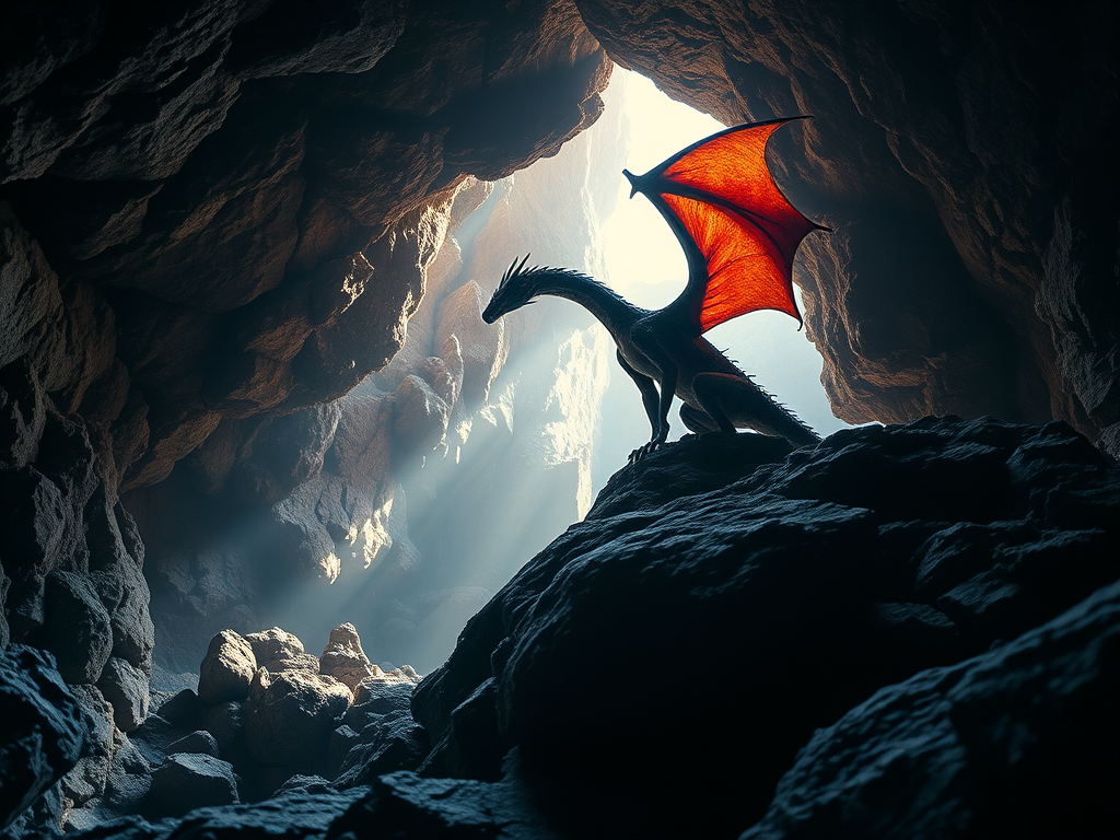 A majestic dragon perched on rugged rocks in a mystical cave, illuminated by ethereal light, captured with a Canon EOS R5, 50mm lens, f/1.8 aperture, ISO 100, 1/200s shutter speed, low angle view, HDR style for enhanced detail and vibrant colors.