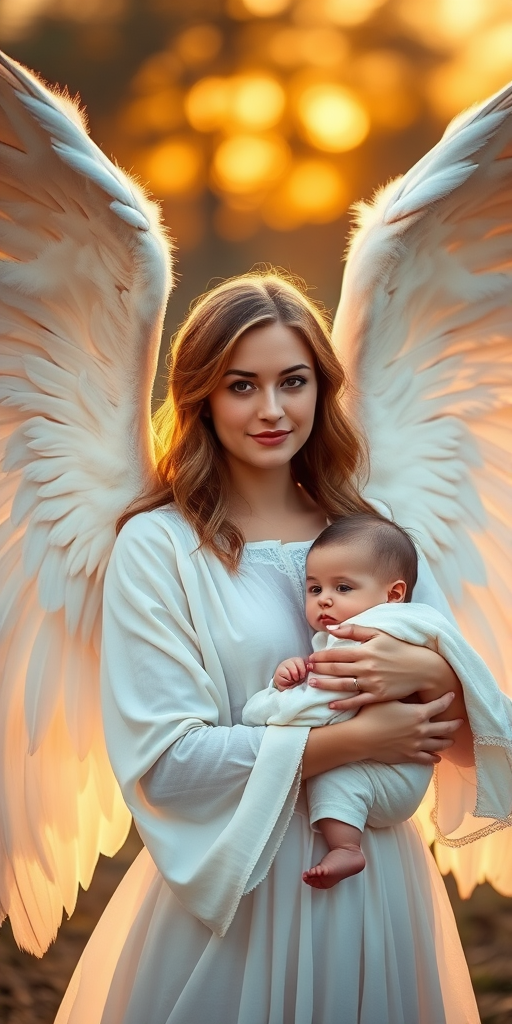 Create a high-resolution portrait of a mother angel with large white wings, holding a baby, featuring soft, ethereal lighting, warm colors, shot with a Canon EOS R5, 85mm f/1.2 lens, aperture set to f/1.2, ISO 100, at golden hour for dramatic effect.