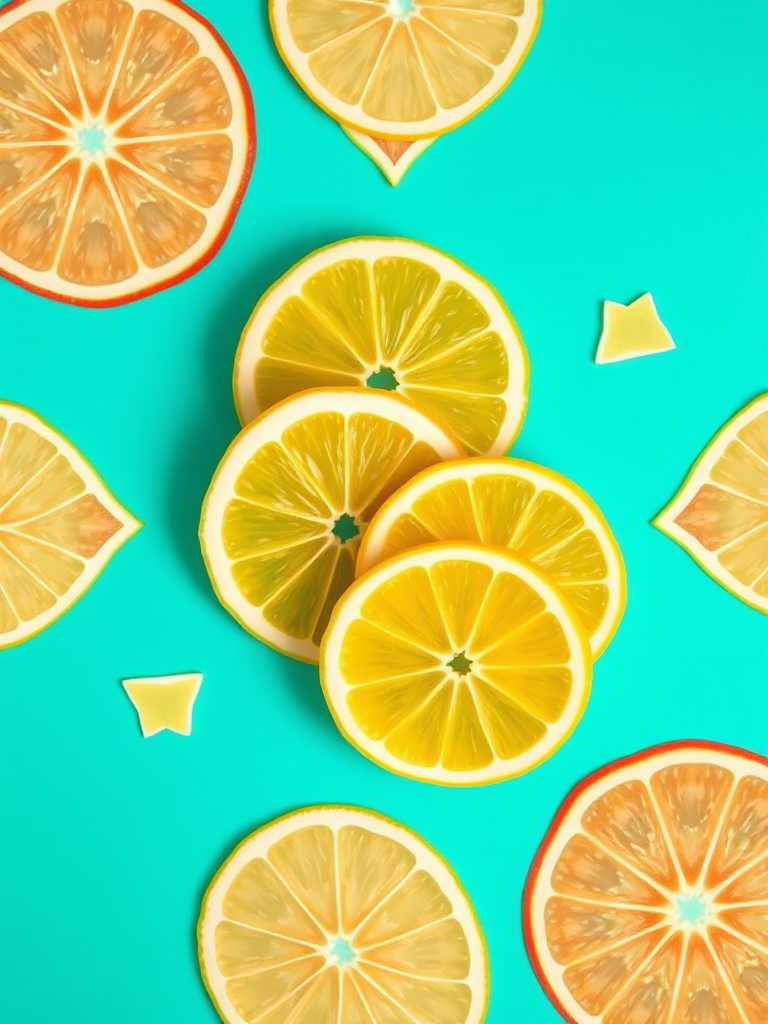 Create a vibrant, symmetrical illustration of lemon slices overlapping with geometric patterns on a bright turquoise background, using a Canon EOS R5 camera with a 50mm lens, aperture f/2.8, ISO 100, and a top-down view for enhanced detail and clarity.