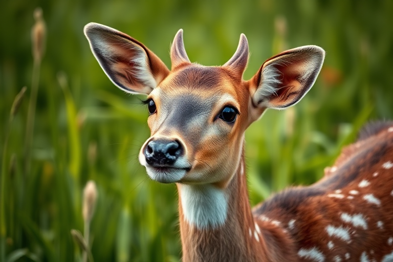 A close-up shot of a deer in a lush green meadow, capturing the natural light, using a 50mm lens with an aperture of f/2.8, ISO 200, shutter speed 1/125s, shot with a DSLR camera from a slightly elevated angle to enhance depth of field and detail in the fur and foliage.
