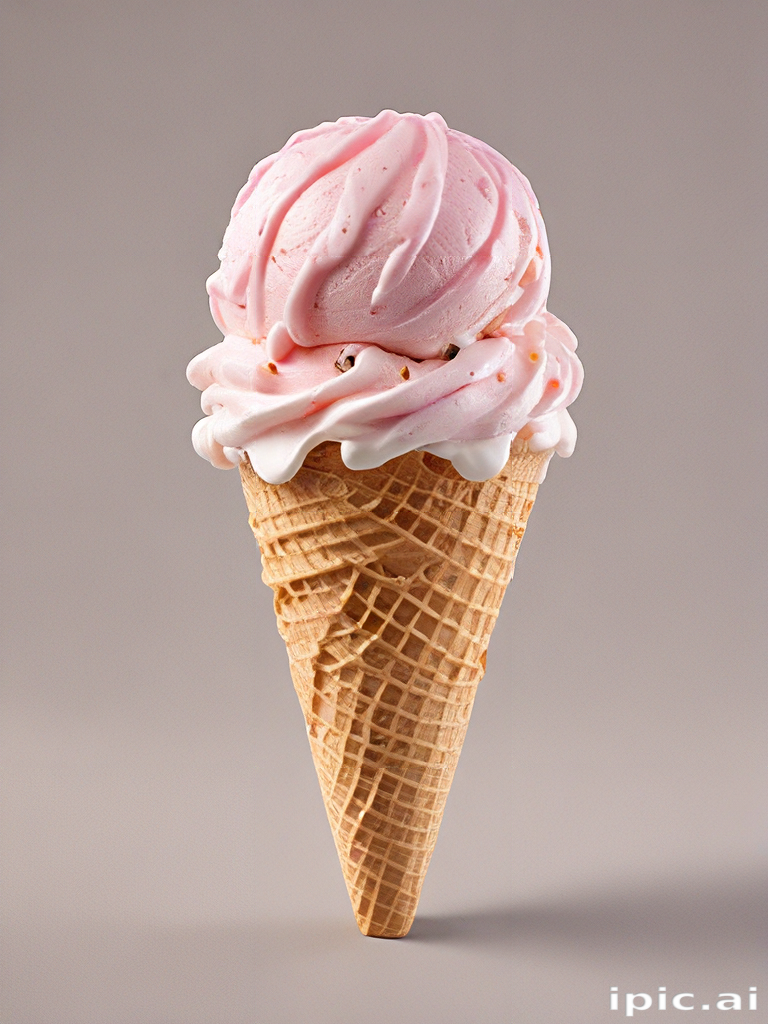 Delicious Pink Ice Cream Scoops Served in a Crunchy Waffle Cone.