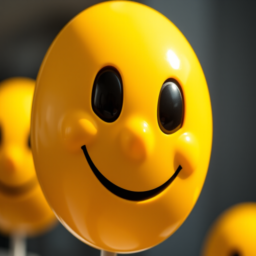 Create a high-resolution image of a smiling yellow emoji with a glossy finish, shot with a DSLR camera at f/2.8 aperture, 1/250 shutter speed, 50mm lens, in natural lighting for enhanced brightness and color vibrancy.