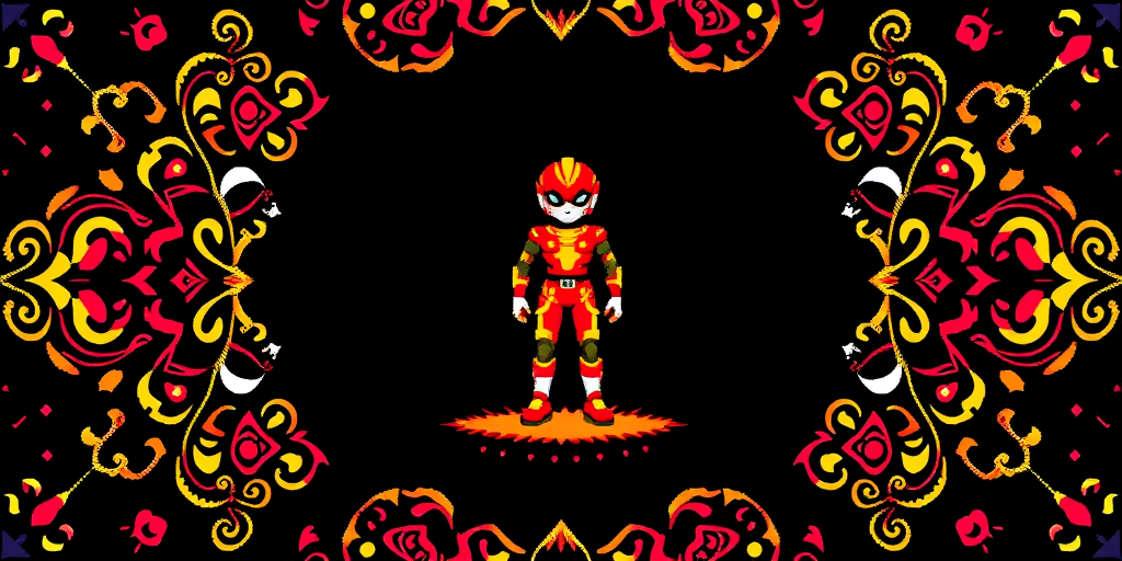 Create a pixel art character standing in the center, vibrant colors like red, yellow, and white on a black background, with intricate symmetrical patterns, captured with a DSLR camera at f/2.8 aperture, 50mm lens, ISO 100, in high resolution for clarity and detail.