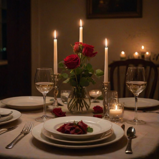 Low-light, intimate scene of a candlelit dinner for two, soft glow from the candles reflecting off wine glasses, plates of beautifully arranged food, a single red rose in a vase at the center of the table, shadows flickering on the walls from the candlelight, soft murmurs of conversation.