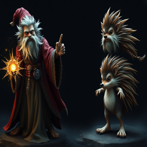 animorph wizard whitebeard morphing into a Hedgehog, step-by-step transformation, dark background