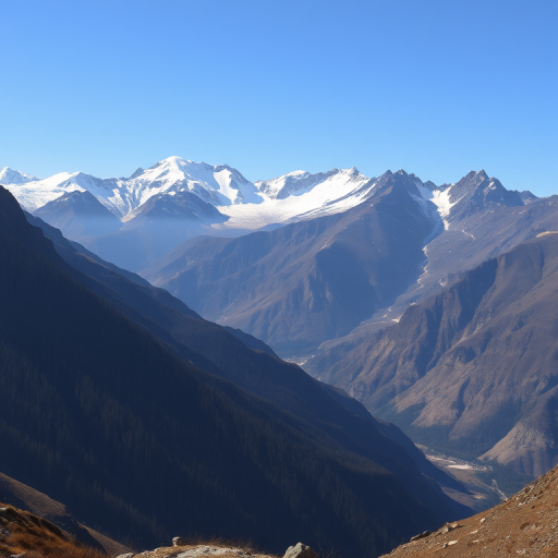 Landscape photograph of a mountainous region with snow-capped peaks, shot in RAW format at f/11 aperture, ISO 100, 1/200s shutter speed, in wide-angle view with a DSLR camera, emphasizing clarity and detail in the foreground and background.