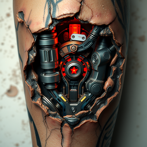 Realistic 3D biomechanical tattoo revealing cybernetic enhancements beneath torn skin, incorporating hyperrealistic textures and metallic sheen for a stunning trompe l'oeil effect