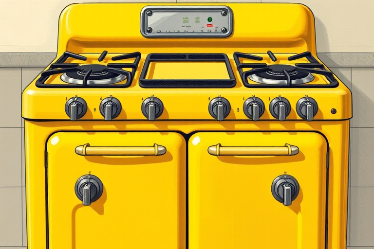 create a detailed illustration of a vintage yellow gas stove with four burners, front view, high resolution, natural lighting, DSLR camera, f/8 aperture, 1/60 sec shutter speed, ISO 200, focus on texture and color vibrancy
