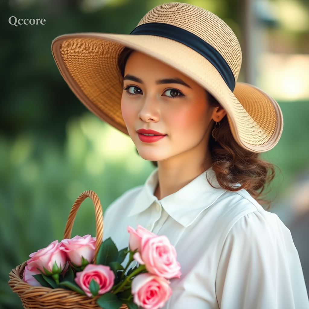 Regenerate a vintage portrait of a woman wearing a wide-brimmed hat and holding a basket of pink roses, shot with a Canon EOS R5 at f/2.8, ISO 100, 50mm lens in soft natural lighting for enhanced colors and detail.