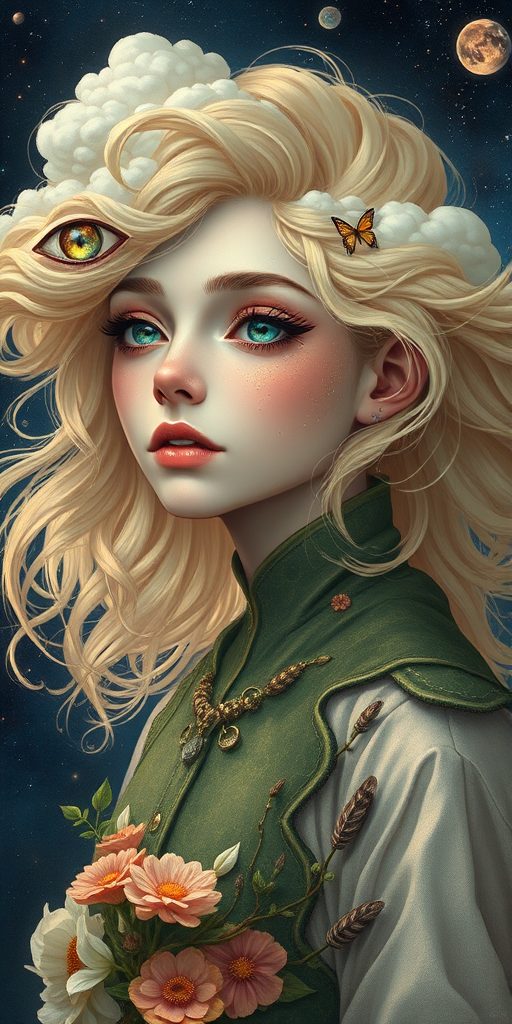 Create a series of imaginative portraits where each subject is infused with elements of fantasy and nature. The hair of the individuals should flow like clouds, varying from soft, fluffy cumulus to wispy cirrus strands, with hints of color reflecting a sunset or a clear blue sky. The eyes should be windows to entire galaxies, with stars, nebulae, and distant planets visible within them. Clothing should be adorned with nature motifs, such as floral patterns that bloom and change, vines that seem to grow and wrap around, or feathers that shimmer with iridescence. Each portrait should capture a unique personality, blending human features with the ethereal beauty of the natural and cosmic world. The backgrounds can vary, from starry night skies to enchanted forests, adding depth and context to the magical realism of the portraits