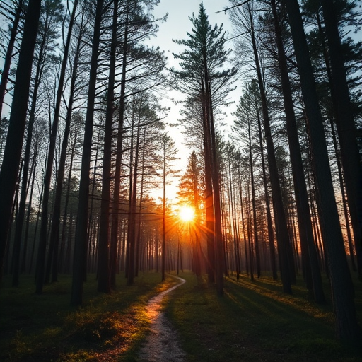 Create a high-resolution image of a tranquil forest scene during golden hour, using a DSLR camera with a 50mm lens, aperture set to f/1.8, ISO 100, shutter speed 1/200s, capturing a wide-angle view with natural lighting to enhance details and colors.