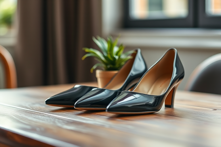 Regenerate an image of elegant shoes resting on a wooden table with a small potted plant, shallow depth of field for soft background blur, natural lighting, captured with a DSLR camera, focal length 50mm, aperture f/2.8, ISO 100, and a soft focus style.