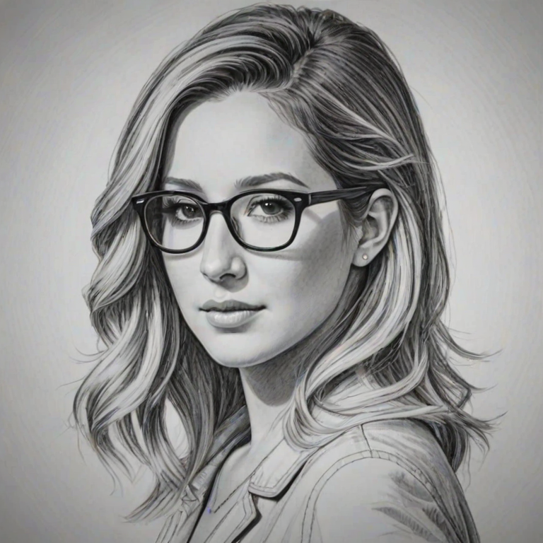 Elegant Ashley Tisdale, pencil sketch, portrait of Stunning woman 1943s in glasses, hair style beatnik, outline, clear lines, fine lines, 8k